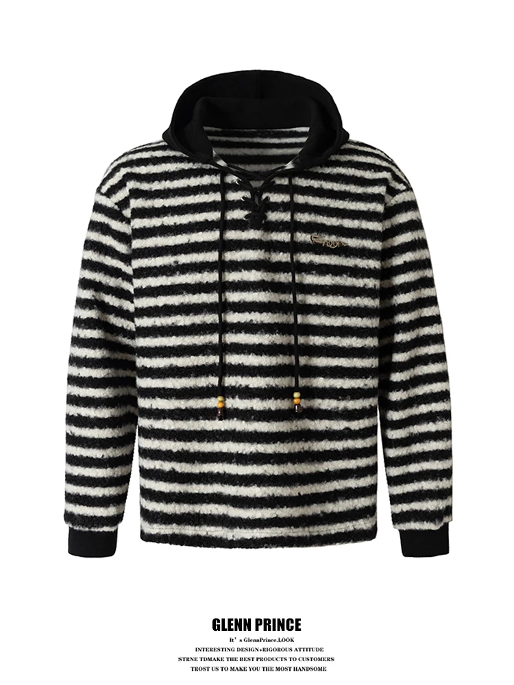 

American Trendy Men's Knitted Sweater Striped Hoodie Casual Sle Polyester Fiber Winter Long Sve Elastic Elastic