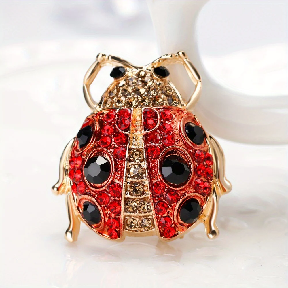 Sparkling Ladybug Brooch with Colored Gemstones - Gold Metal Insect Design, Unisex Fashion Apparel or Jewelry Accessories