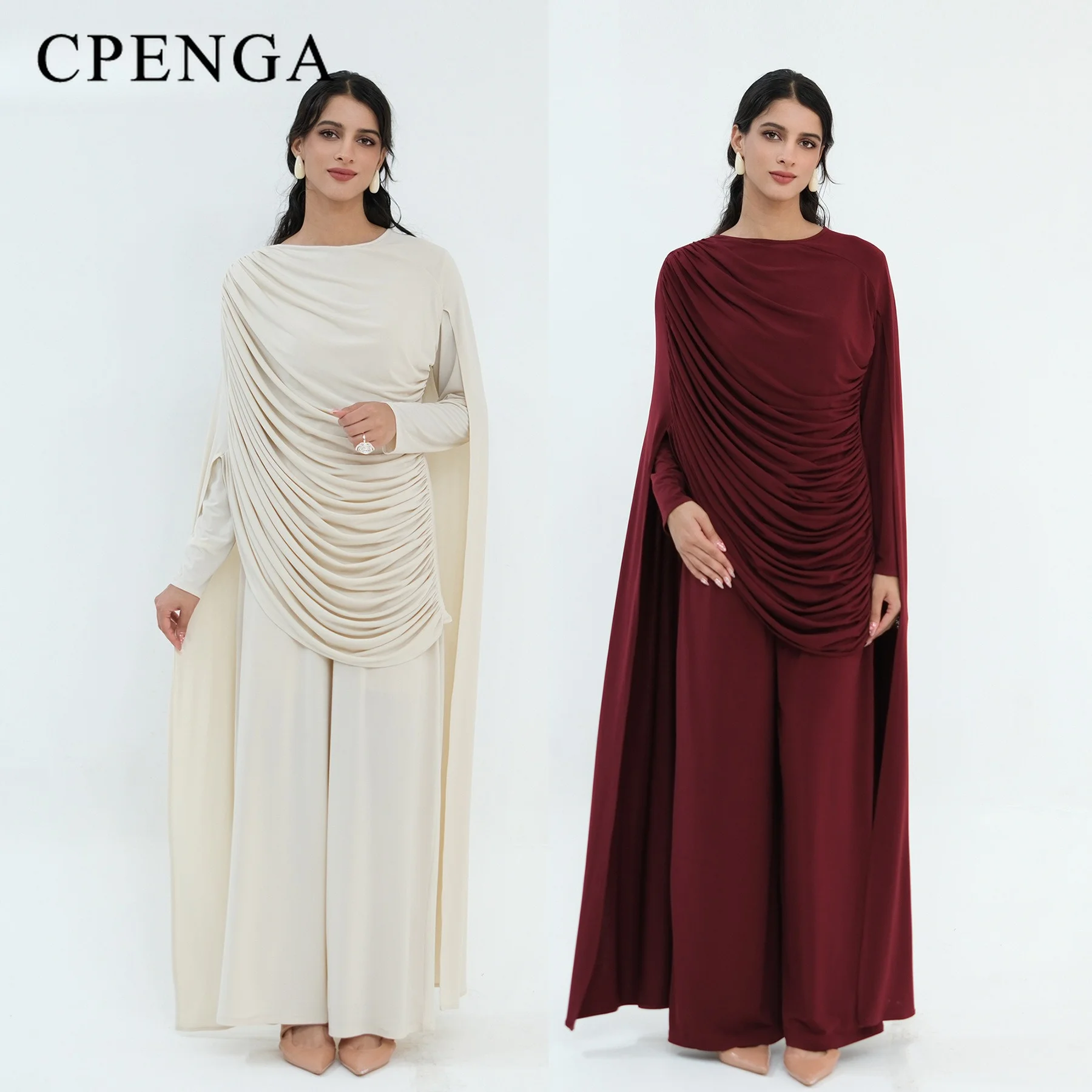 2 Piece Abaya Set for Muslim Women Long Sleeve Loose Pleated Cape Top Wide Leg Pants Modest Islamic Clothing Daily Party
