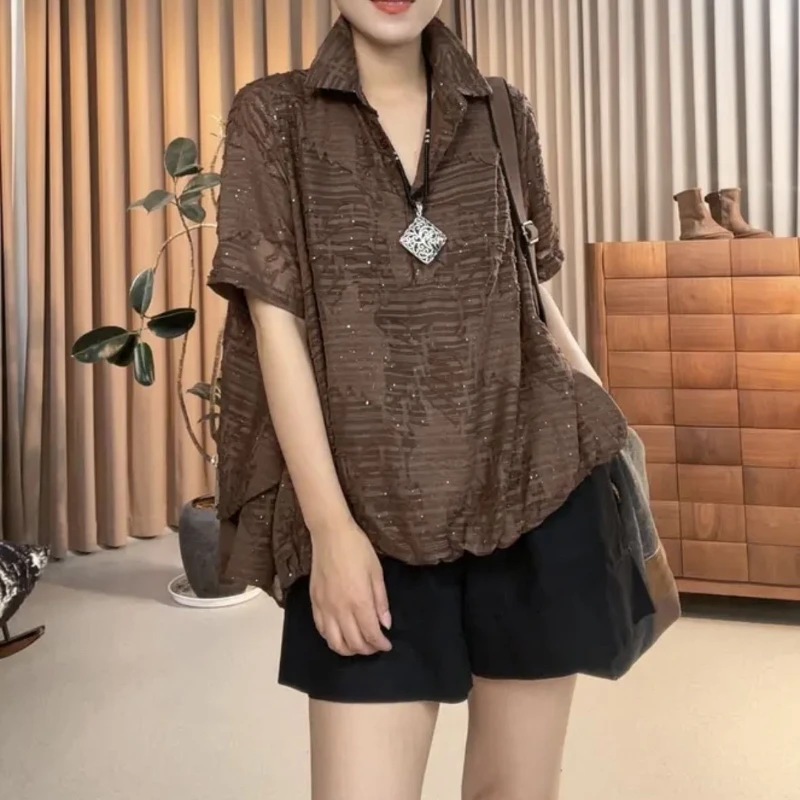 

New Summer Versatile Fashionable Korean Casual Short-sleeved Slim Shirt Collar T-shirt for Women's Shirt Covering Belly