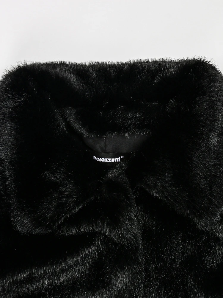 NerazzurriฤดูหนาวยาวหรูหราElegantสีดําติดตั้งหนานุ่มFluffy Faux Mink Fur Coatผู้หญิงSashes Turn-Down Collar 2022