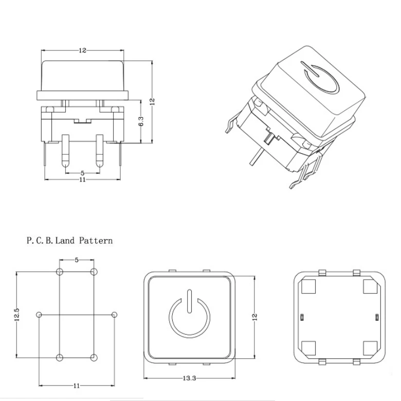 1Pcs 12*12mm 12x12 DIP-6P With Light LED Tactile Micro Push Button Momentary Switch+ Can transmit light square button Switch Cap