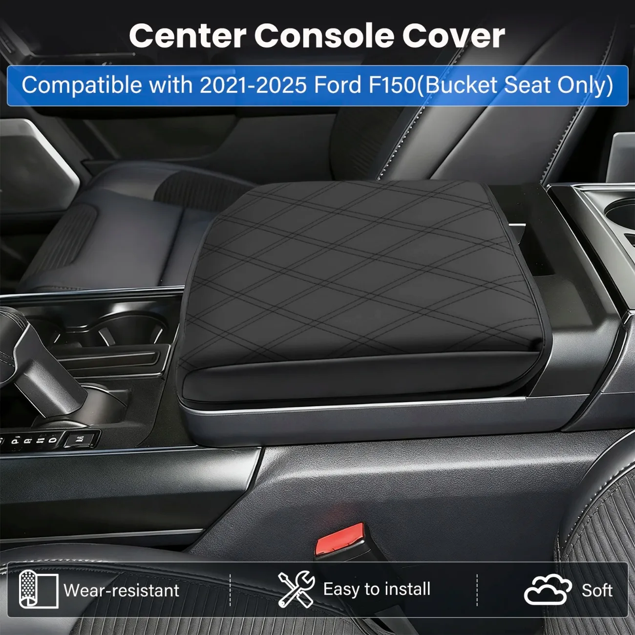 

Center Console Cover Armrest Cushion Protector For Ford F150 2021 2022 2023 2024 2025 PU Leather Pad Bucket Seat Only Interior