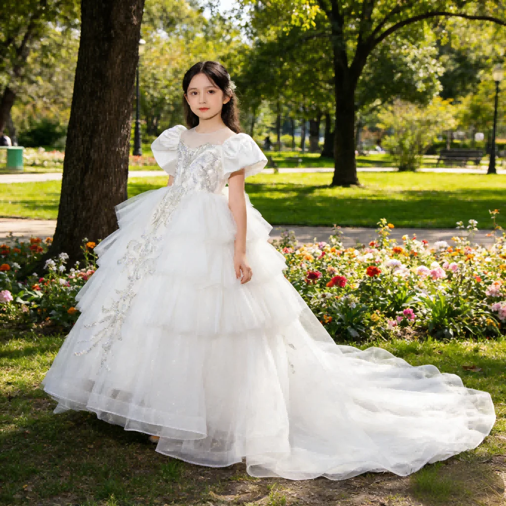 White Girls Princess Dress for with Train Puffy Tulle Birthday PartyPerformance Flower Girl Wedding Gown Children Pageant Host