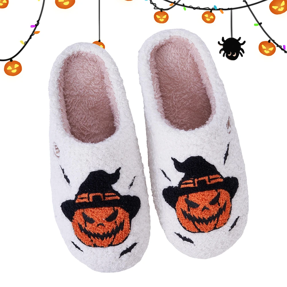 

Halloween Pumpkin Slippers Fuzzy Closed Toe Slippers Comfortable Flat Thermal Slippers Fuzzy Couple Slippers for Indoor Bedroom