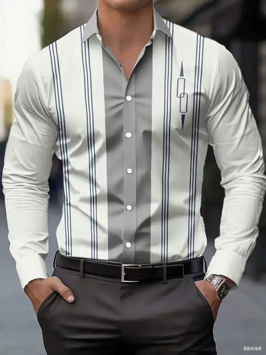 New men's striped business blazer  Men's casual fashionable long-sleeved shirt  Collar office casual button-down shirt