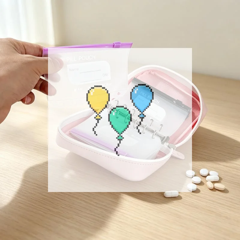 Travel Pill Organizer Binder With7/ 14 Coded Zipper Pouches Waterproof Exterior 3-Ring Writable Labels Crush-Resistant Shell