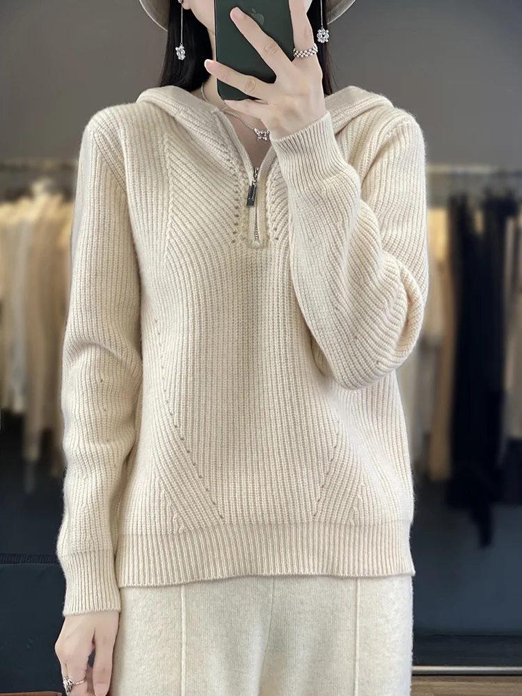 2024 Autumn Winter Women Sweater 100% Merino Wool Hooded Knitwear Korean Style Pullover Long Sleeve Soft Cashmere Clothing Top