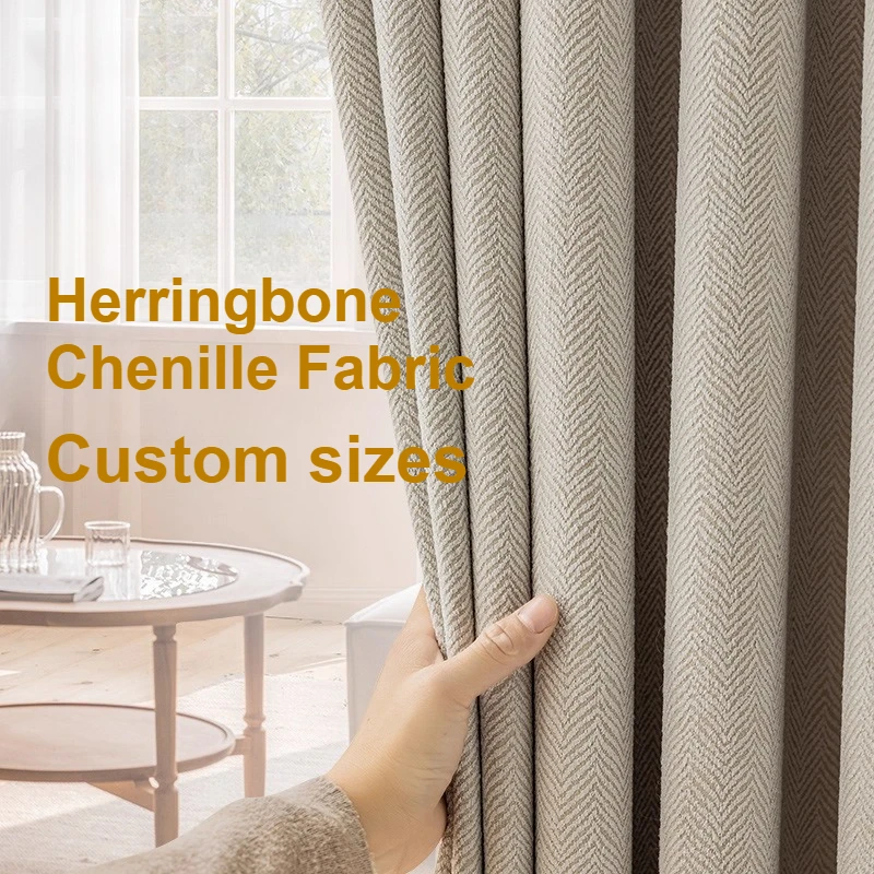 

Custom size Herringbone Thick Chenille Beige Cream Luxury Curtains for Living Room Bedroom Blackout Window Solid Color House