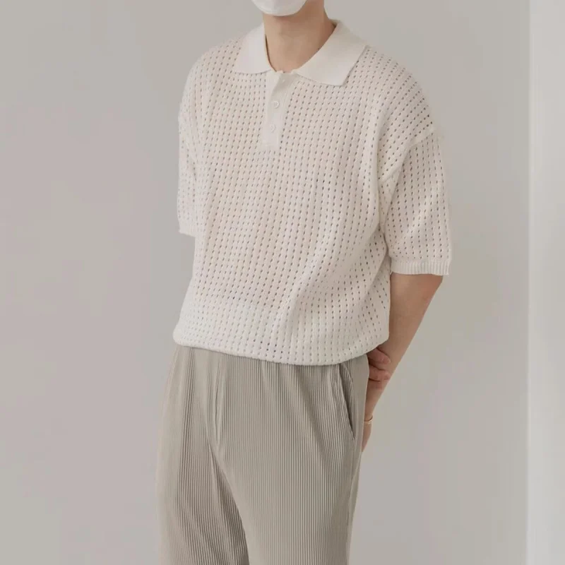 Knitted Short Sleeve Shirt Men Summer Korean Style Loose Versatile Retro Solid Color Half Sleeve Turn-Down Collar-Shirt