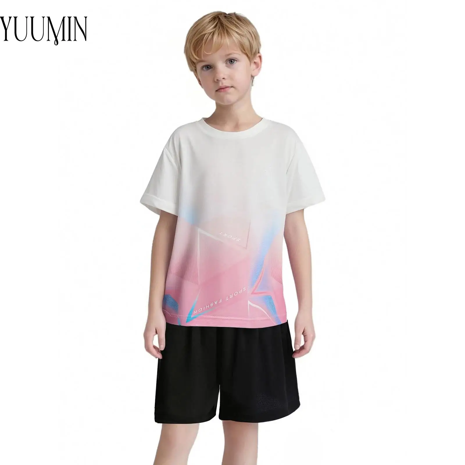 

Kids Boys Stretchy Quick-Drying Tracksuit Sports Set Short Sleeve Contract Color Geometric Printed T-shirt+Shorts 2-piece Suits