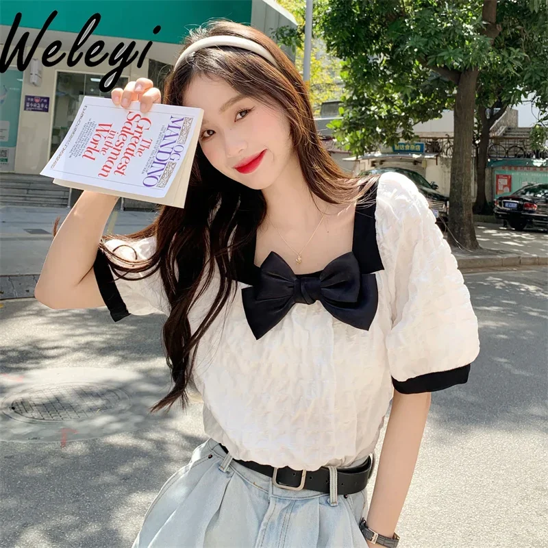 Large Size Sweet Square Neck Bow Top for Women Summer New French Women's Shirts Loose Bubble Short Sleeve White Blouse Femme