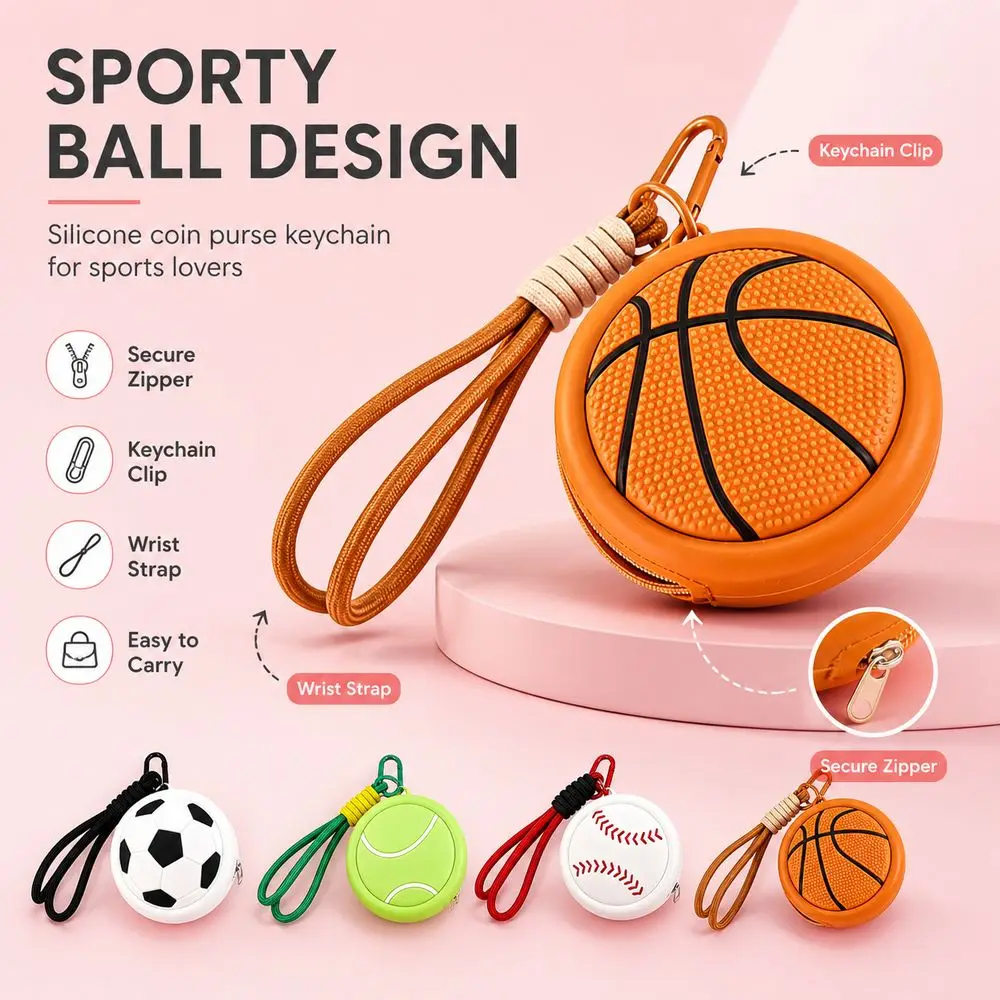 Multifunctional Silicone Coin Purse Keychain Wrist Strap Sports Ball Shaped Mini Storage Pouch Creative Pendant Keychain