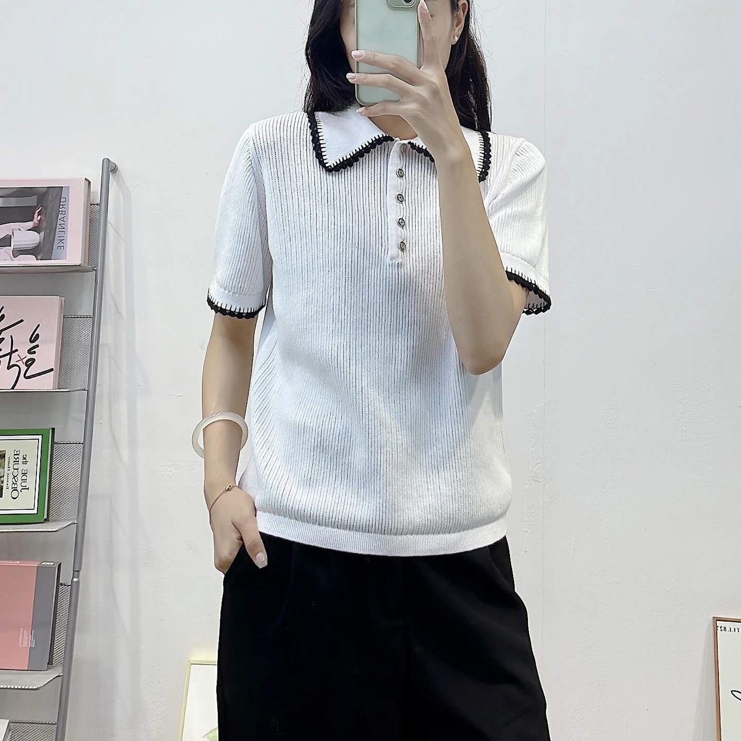 

Women's lapel knitted T-shirt short sleeves fashionable casual ladies tops