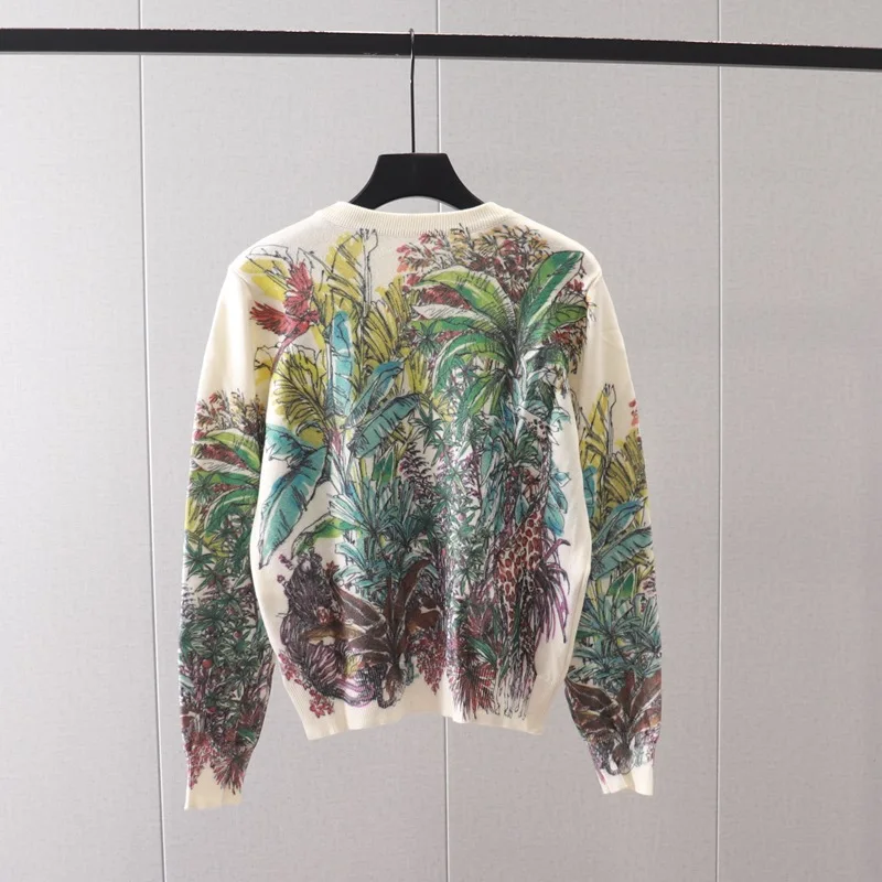 Coconut Tree Print Sweater Women Jumper Brand Luxury Knitted Colourful Sweater Floral Pullover Y2K Top Long Sleeve Shirt Female