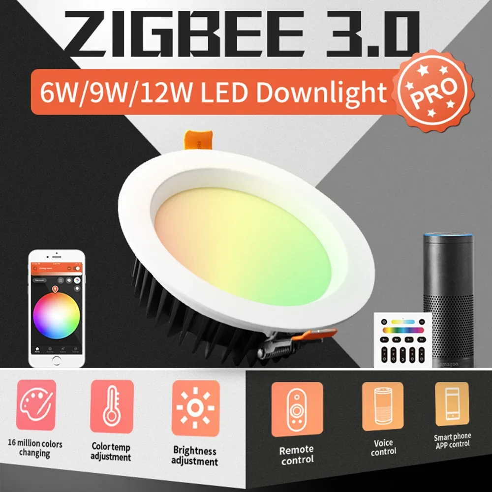 

GLEDOPTO 6W 9W ZigBee 3.0 Smart RGB+CCT Ceiling Downlight Pro Work With Alexa Echo Plus SmartThings App/Voice/RF Remote Control