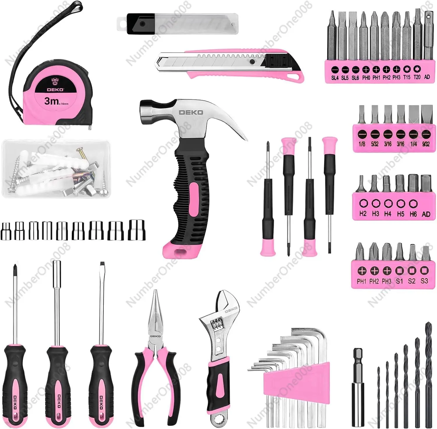 Drill Set: Tool Set with 8V Pink Cordless Drill Home Tool Kit with Drill, Hand Tool Kits for Women 126 Piece