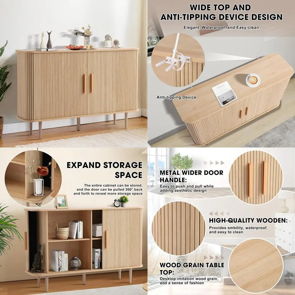 Adjustable Shelves Fluted Slide Door Sideboard Cabinet, Tambour Storage Credenza Console for Versatile Storage Solutions