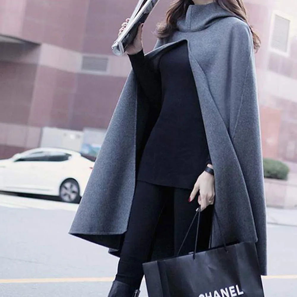 Women Bat Sleeve Mid-long Poncho Coat Autumn Ladies Outerwear Hooded Cape Coat Cloak Shawl Smock Ponchos Abrigos Mujer Invierno