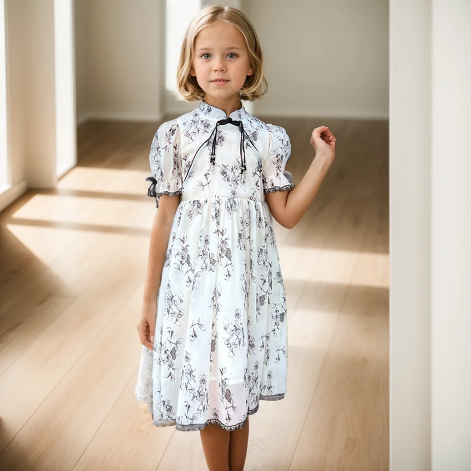 Kids Clothes Floral Pattern Dresses For Girl Summer Kids Dresses Casual Style Costume For Girls 6 8 10 12 14