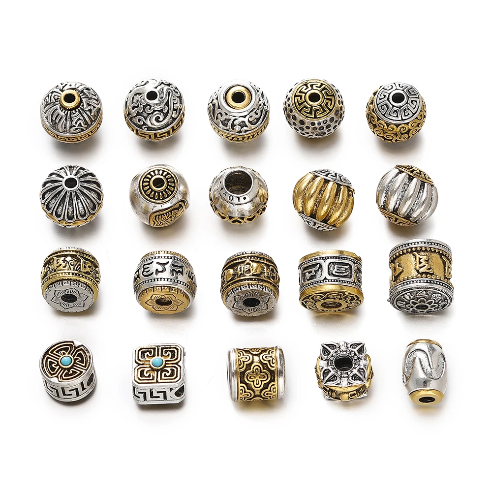 5pcs/lot Antique Silver Gold Color Round Tibetan Loose Bead Big Hole Spacer Beads for DIY Jewelry Making Charms Bracelet Finding