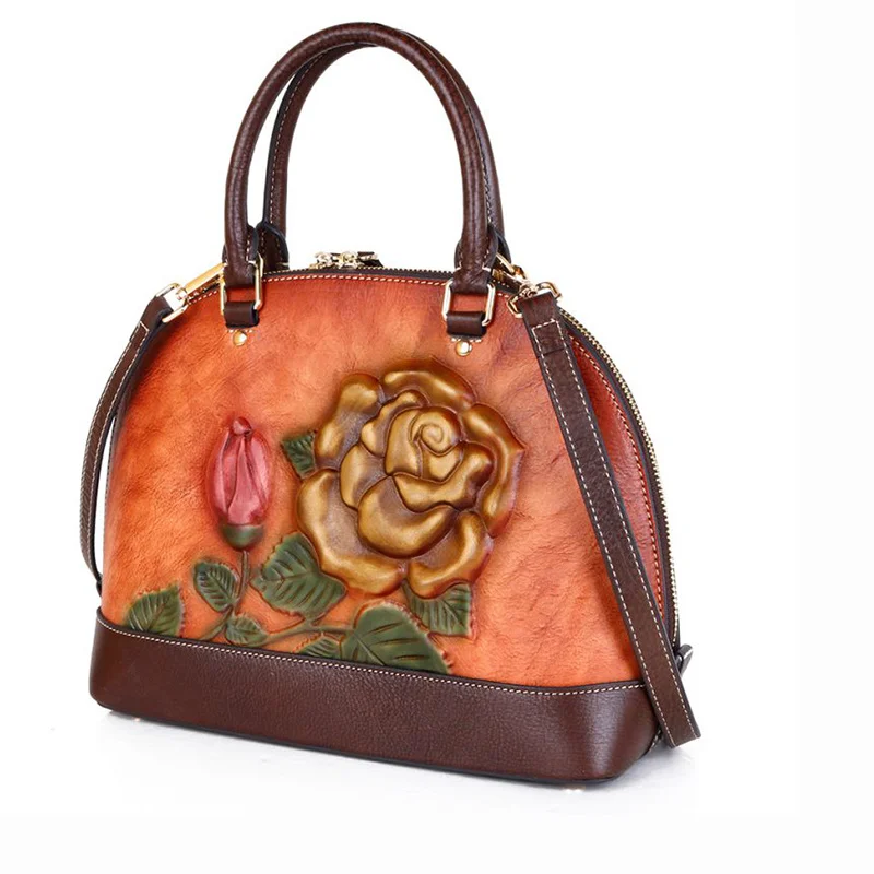 Women Natural Skin Shoulder Crossbody Handbag Luxury Rose Embossed Female Vintage Messenger Tote Bags Shell Genuine Leather Bag