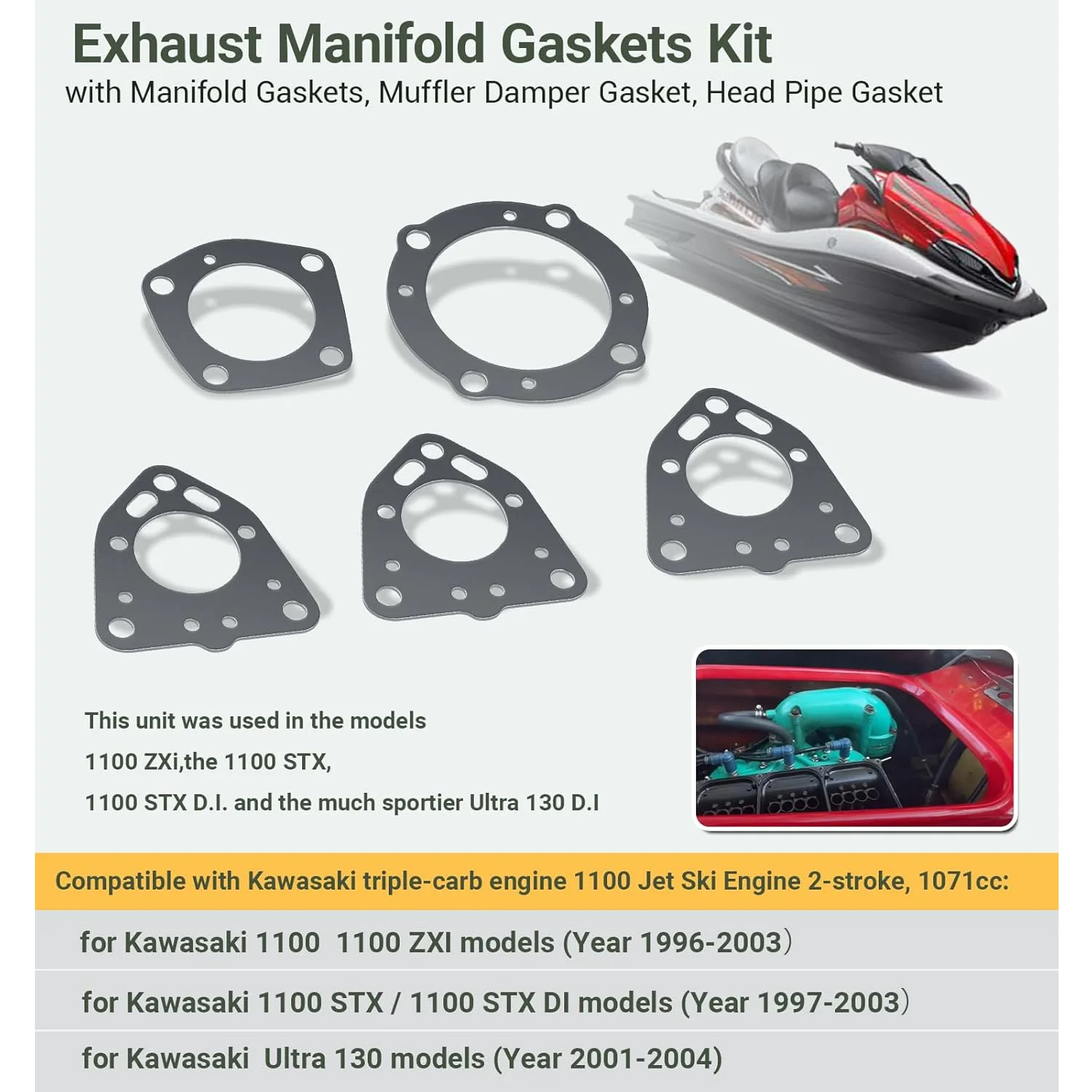 Exhaust Manifold/Exhaust Head Rebuild Gaskets Kit for Kawasaki 1100 ZXI/STX/DI/Ultra 130 #11060-3768, 11060-3769, 11060-3756