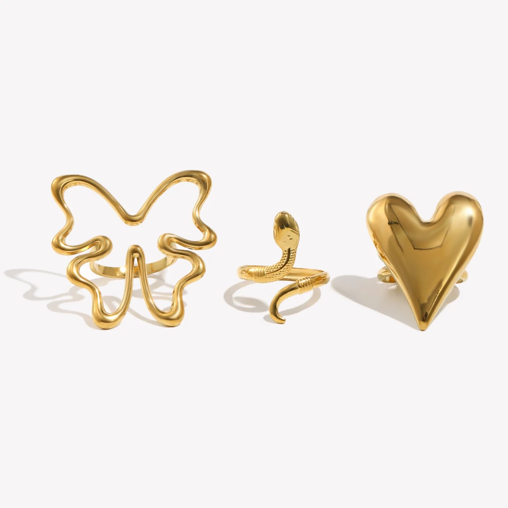 E.B.belle Open Series Ring Geometric Hollowed Stainless Steel Butterfly Ring With Lines Snake Heart Ring Gold Plated