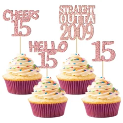 24Pcs Cheers to 15 Years Birthday Cupcake Toppers Glitter Fifteen Straight Outta 2009 Cupcake Picks Happy 15th Cake Decorations