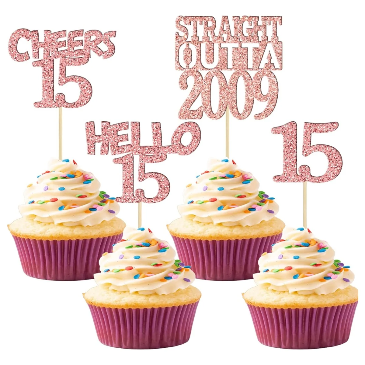 24Pcs Cheers to 15 Years Birthday Cupcake Toppers Glitter Fifteen Straight Outta 2009 Cupcake Picks Happy 15th Cake Decorations