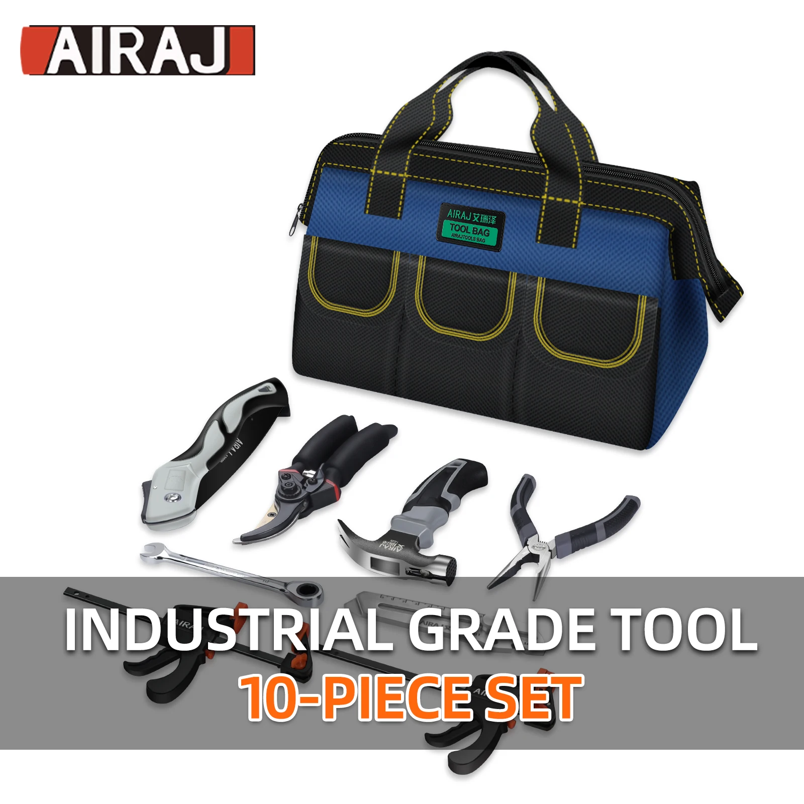 AIRAJ 10Pcs Household Tool Set. With 13 inch Tool Bag-Wide Mouth and Multiple Pockets Design.Garden,Home,Office Small Tool