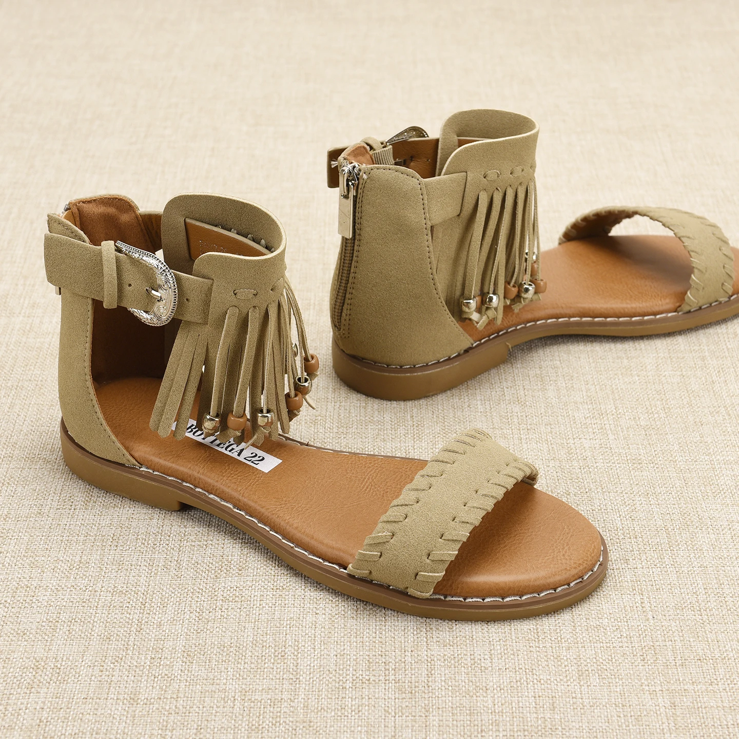 Retro Bohemian Tassel Sandals Women's Buckle Design Color Block Zipper Back Flat Bottom round Toe Rubber Sole Fashionable