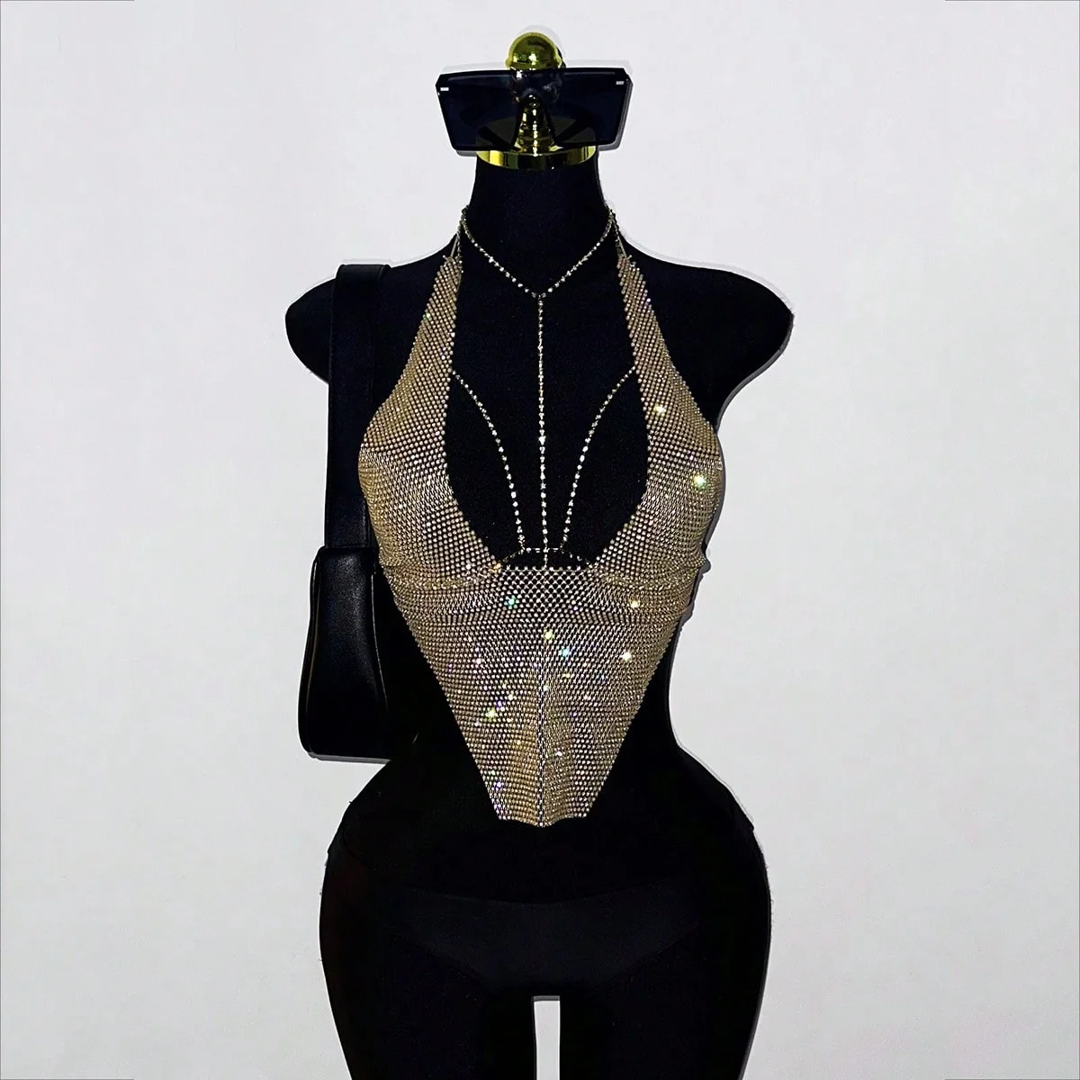 Sexy Backless Deep V Neck Crop Top Sexy Hollow Perspective Mesh Rhinestone Halter Neck Tank Top Rave Music Festival Party Camis