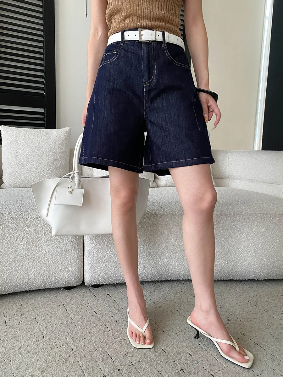 

Summer women's casual solid color bright stitching wide leg denim shorts