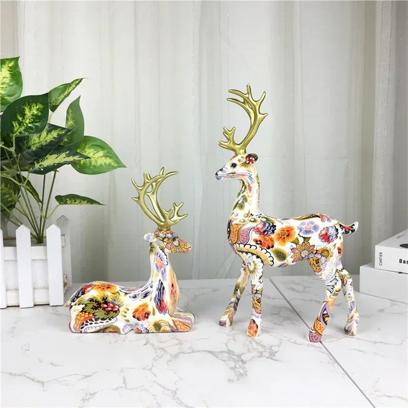 Christmas Decoration Resin Colorful Elk Deer Figurines Sculpture Collection Reindeer Home Decor for Living Room Office Desktop