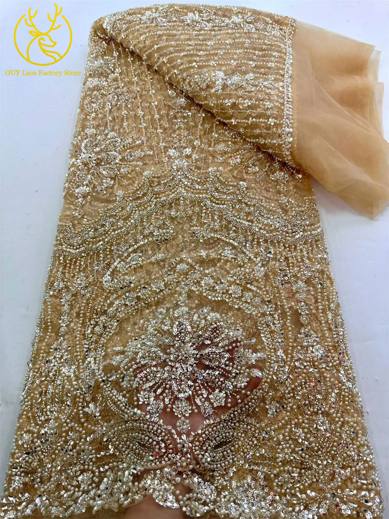 Gelber afrikanischer Brautstoff mit Perlenstickerei 2026 Luxuriöser goldener französischer Pailletten-Tüllstoff für nigerianische Hochzeitskleider – Detail 10
