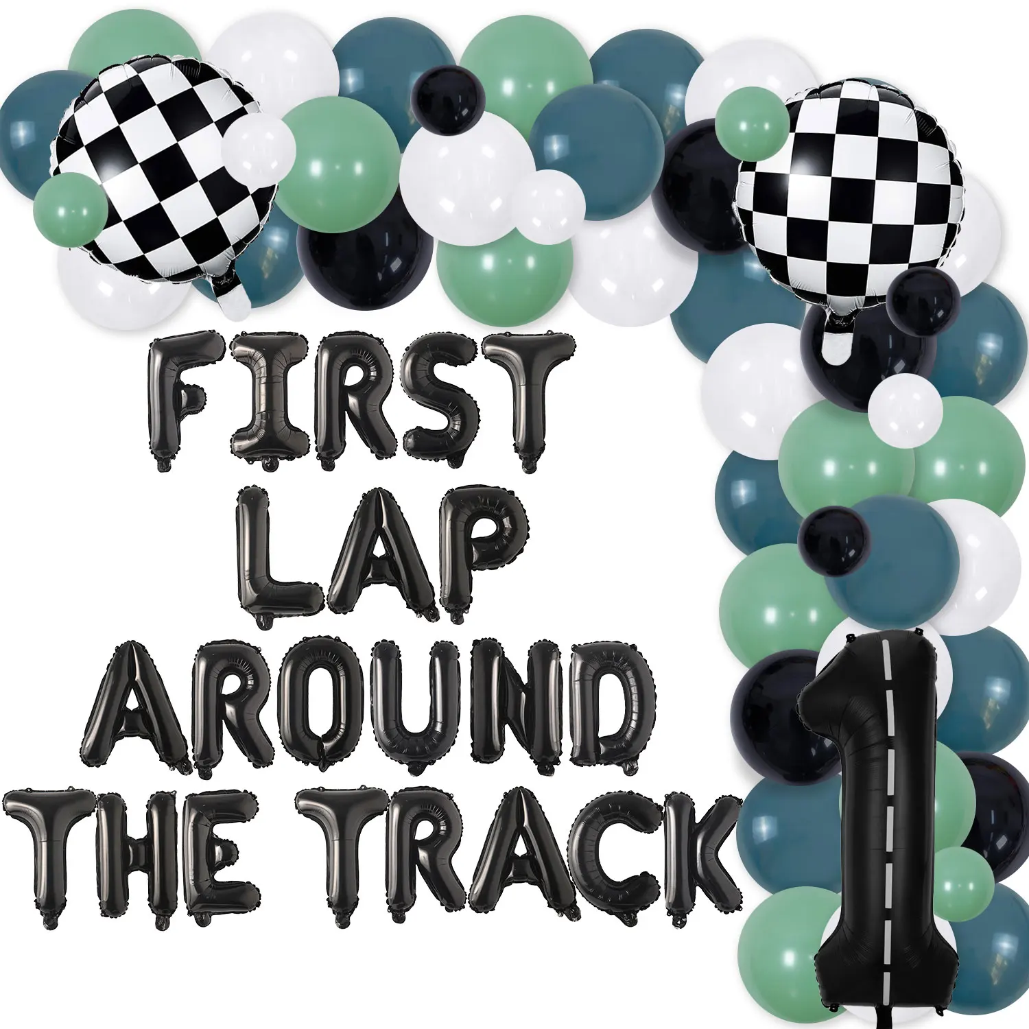 

Racing Themed 1st Birthday Party Decorations Green Balloon Garland Kit with First Lap Around The Track Balloons for Boys Girls