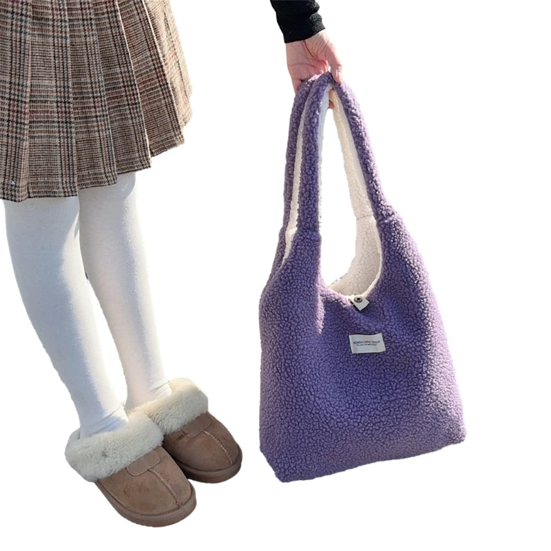 Trendy Reversible Shoulder Bag Winter Furry Plush Tote Bag Faux Lamb Fleece Handbag for Shopping Work Dates, and More