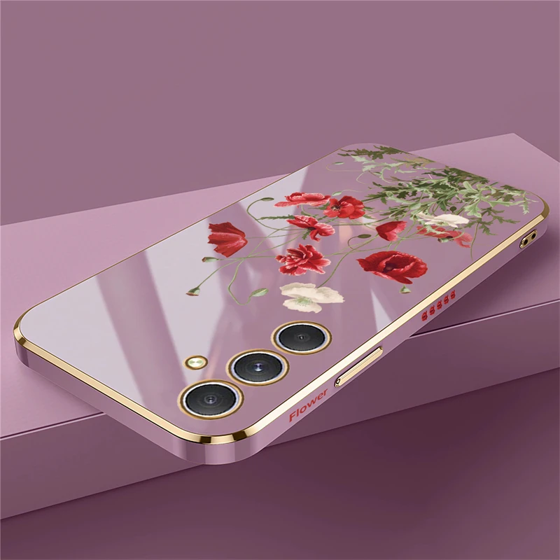 A54 Plating Phone Case For Samsung Galaxy A55 A35 A15 A25 A05S A24 Flower Shockproof Soft Back Cover Funda