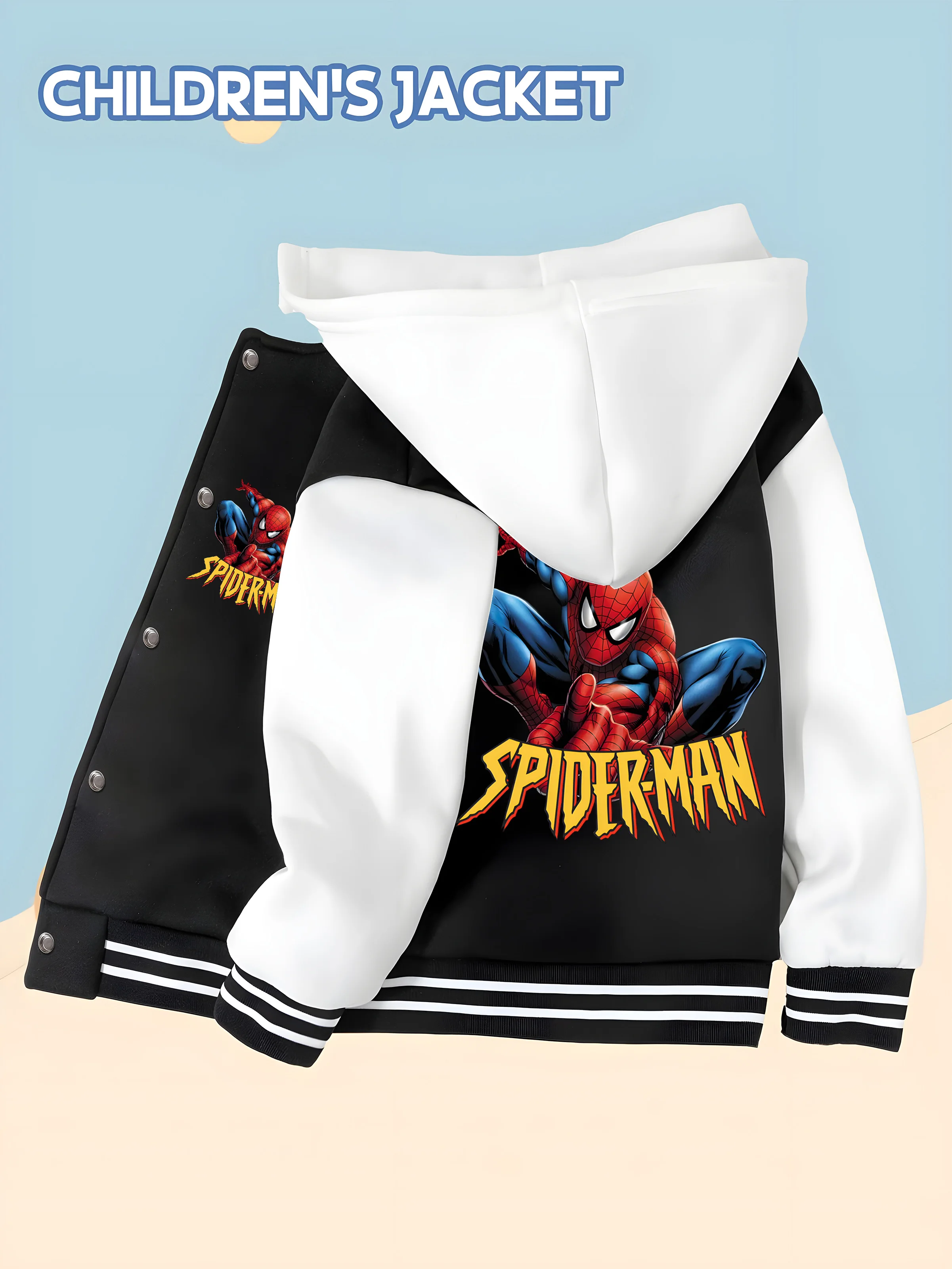 

MINISO Marvel Spider-Man boy's baseball jacket with hero print, black and white contrast hood design, fashionable and childlike,