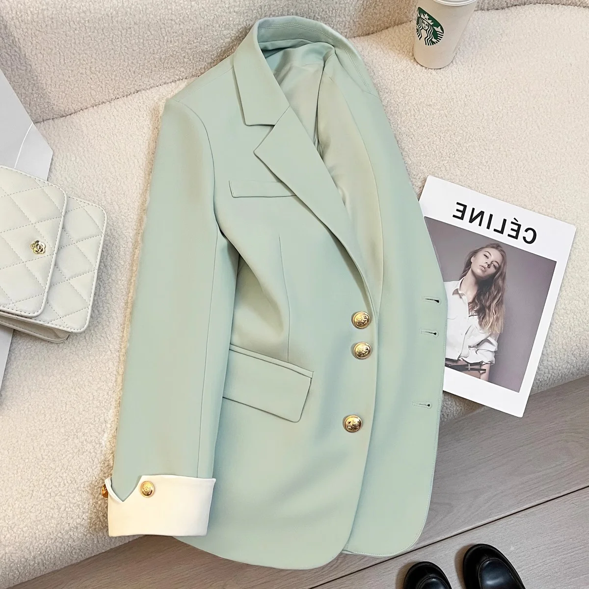 

Women'S Modern Blazers Longsleeves Midi Bussiness Gate Rose Quick Dry Hem Decorate Waist-Cinching Double-Buttoned Bubble