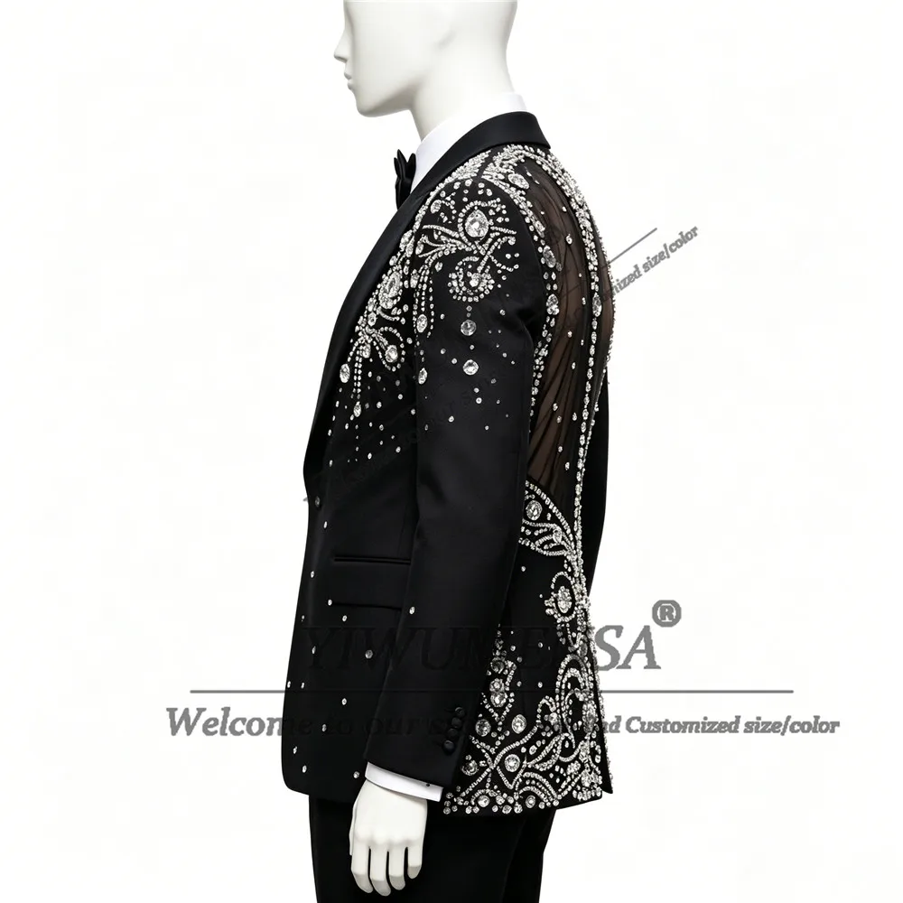 Luxury Wedding Suits For Man Single Breasted Jacket Pants 2 Pieces Sets Customized Beaded Crystals Illusion Tulle Prom Blazers