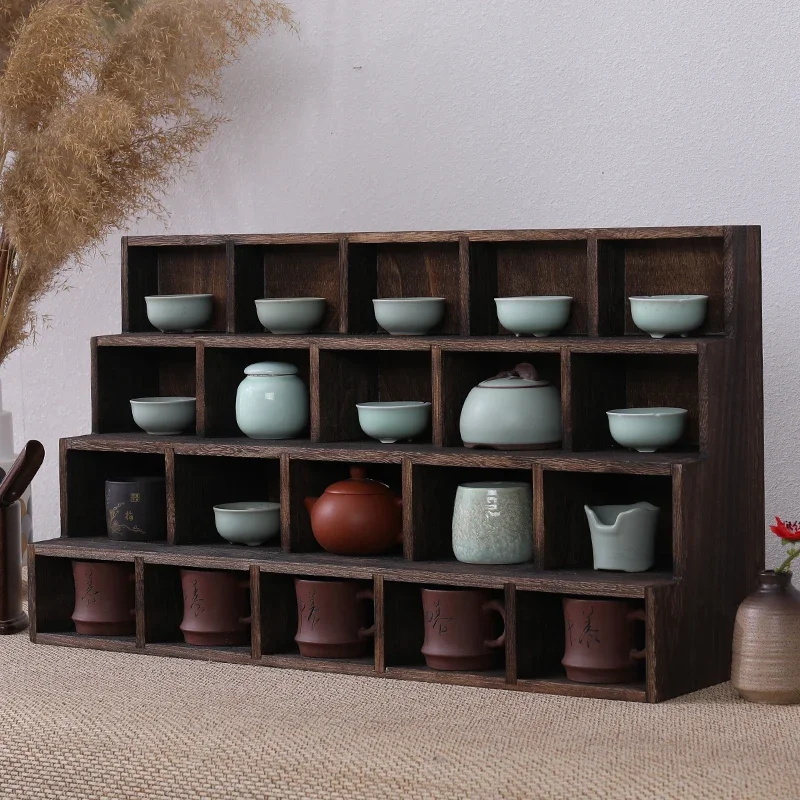 Solid wood bogu frame, wall-mounted tea rack, Chinese tea set, purple clay pot, tea cup storage, display ornaments