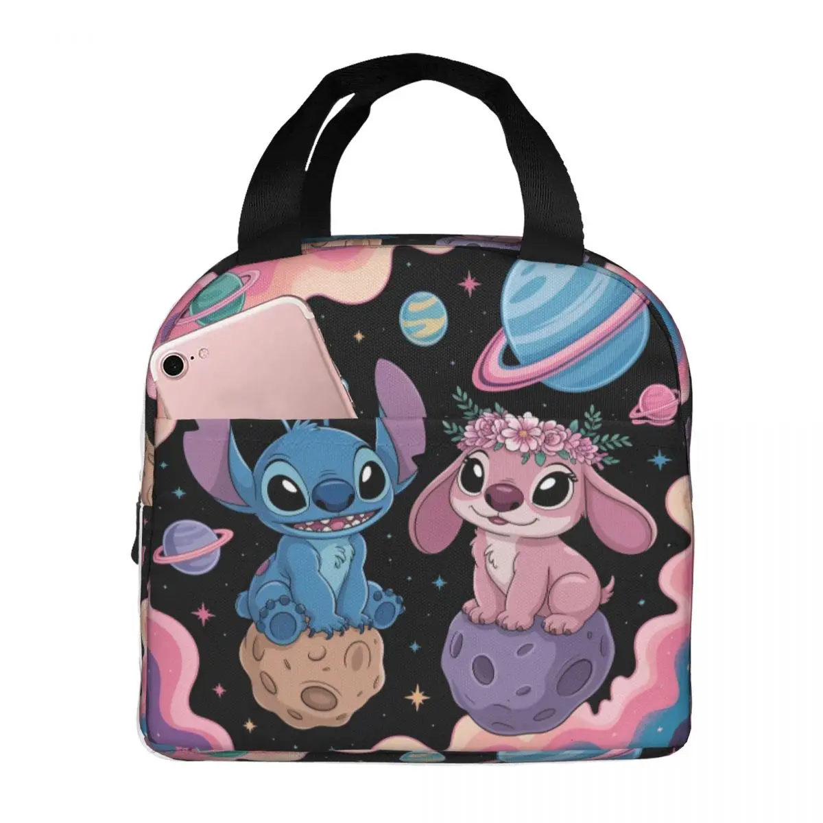 

Сумка для обеда в стиле аниме Stitch & Angel, повседневная коробка для завтрака для детей, школьная портативная сумка-холодильник на молнии, сумка-тоут с принтом, сумки для еды