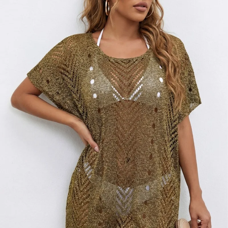 Women Lurex Knit Beach Cover Up Dress Hollow Out Short Sleeve Side Split Bikini Cover For Summer Beach view 3