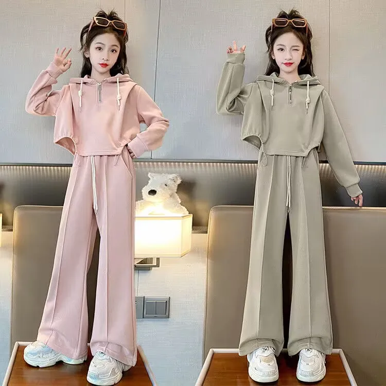 2024 Spring Autumn Girl Children's Top And Bottom Set School Girl Hooded Half Zip Sweatshirt+Wide-leg Pants Set For Girls