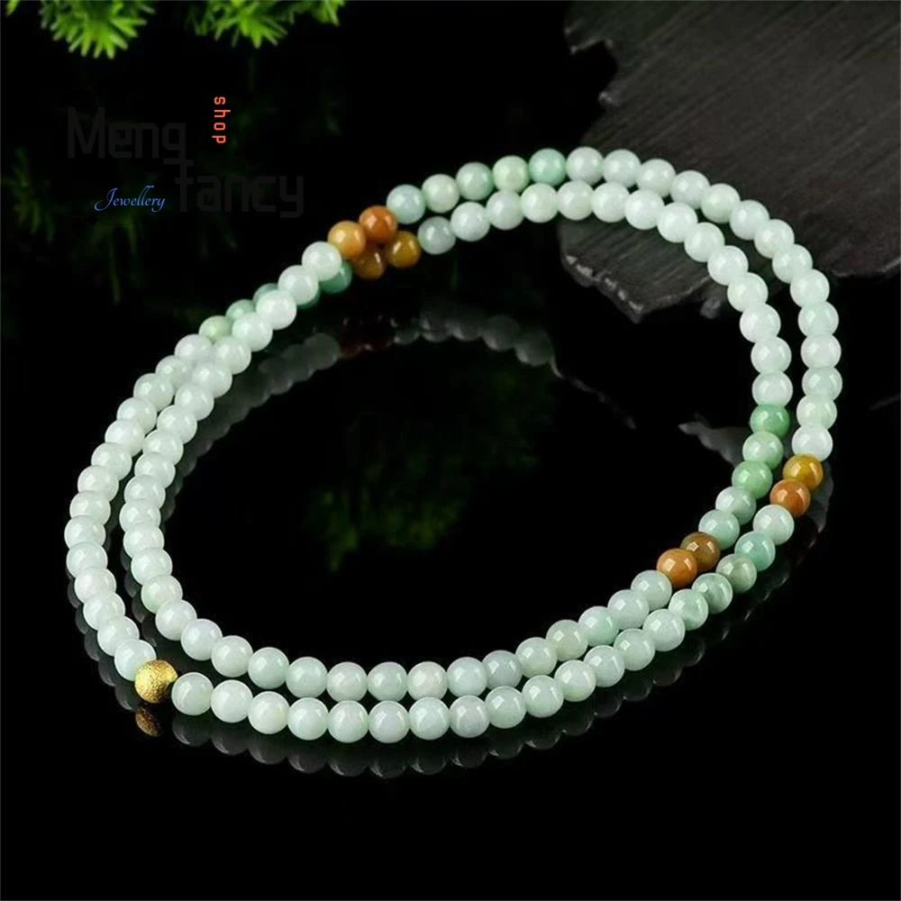 Natural Myanmar A-goods Jadeite 6mm Jade Bead Necklace Glutinous Ice Seed Jade String Sweater Chain Women's Three-ring Bracelet