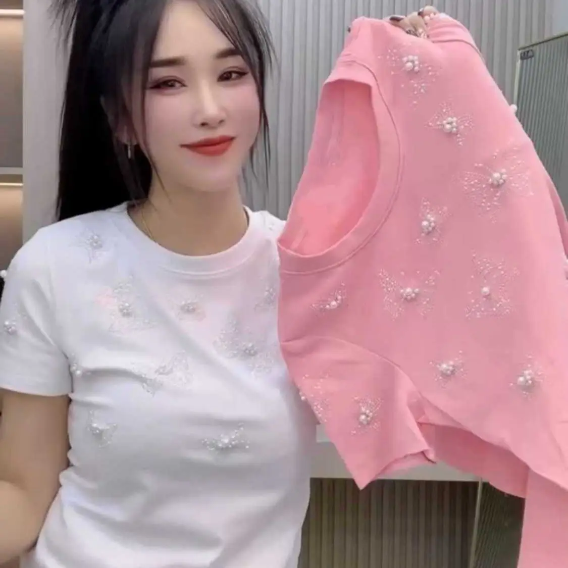 

Large Size Women's Clothing Spring and Summer Thin Meat Cover Butterfly Diamond Design Short-sleeved T-shirt