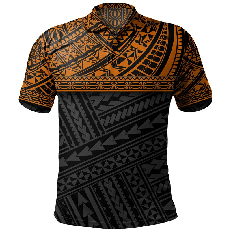 Polynesian Tribal Pattern Polo Shirt For Men 3D Print Short Sleeves T-shirt Hawaiian Street Summer Button Loose Lapel T Shirts