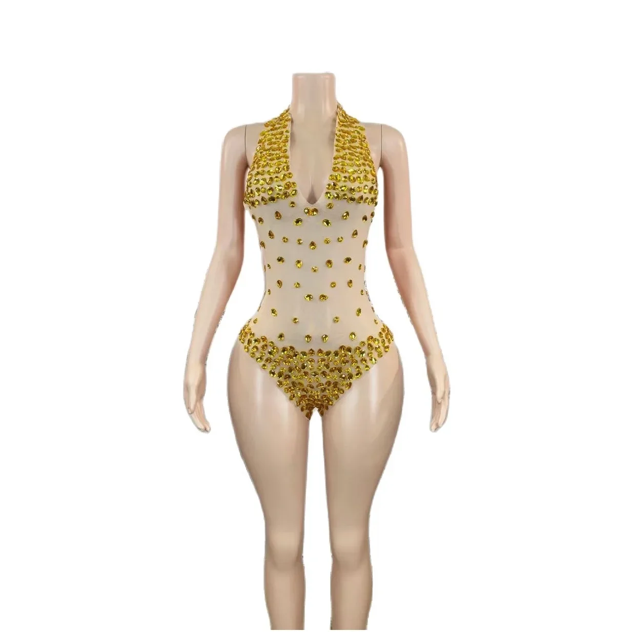 V-Neck Shining Crystal Sexy Backless Halter Belt Yellow Pink Bodysuits For Women Nightclub Prom Clothing Stage Singer Costumes